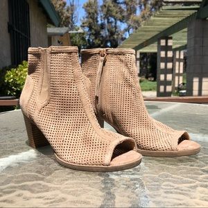 Peep toe booties - perforated taupe faux suede